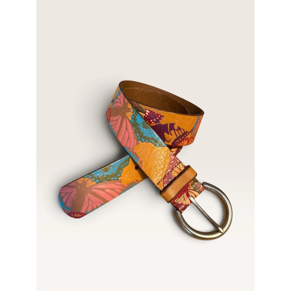 Fossil Brown Leather Belt Butterfly Embossed Multicolored Women's Size Small
